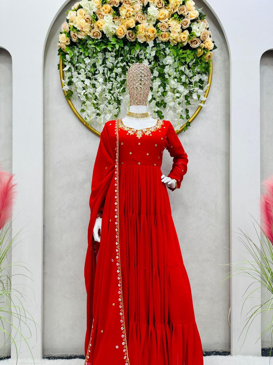 Pretty Thread Sequence Work Red Raffle Anarkali Gown