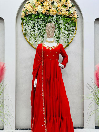 Pretty Thread Sequence Work Red Raffle Anarkali Gown