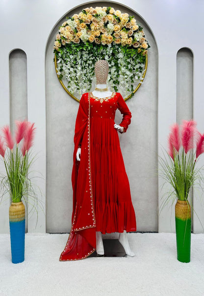 Pretty Thread Sequence Work Red Raffle Anarkali Gown