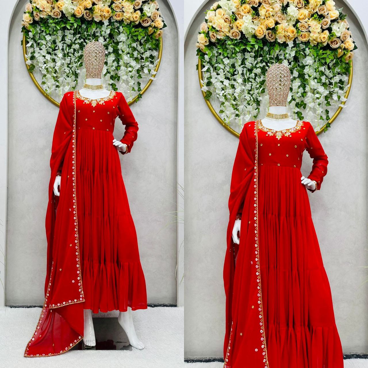 Pretty Thread Sequence Work Red Raffle Anarkali Gown