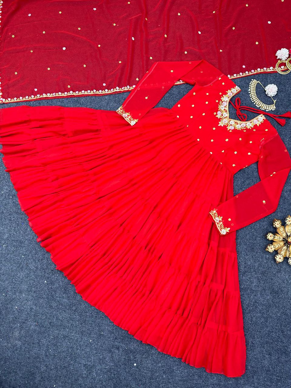 Pretty Thread Sequence Work Red Raffle Anarkali Gown