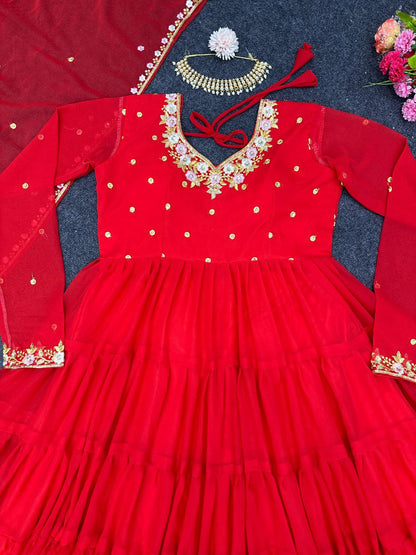 Pretty Thread Sequence Work Red Raffle Anarkali Gown