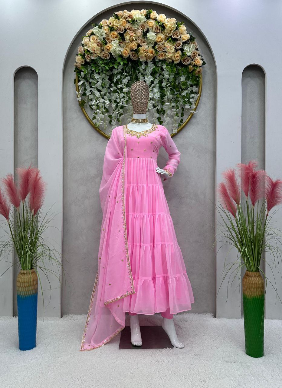 Pretty Thread Sequence Work Pink Raffle Anarkali Gown