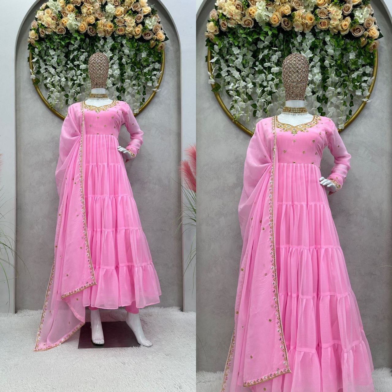 Pretty Thread Sequence Work Pink Raffle Anarkali Gown