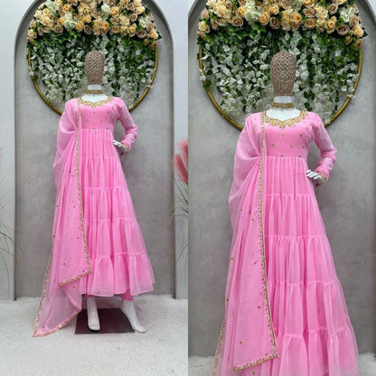 Pretty Thread Sequence Work Pink Raffle Anarkali Gown
