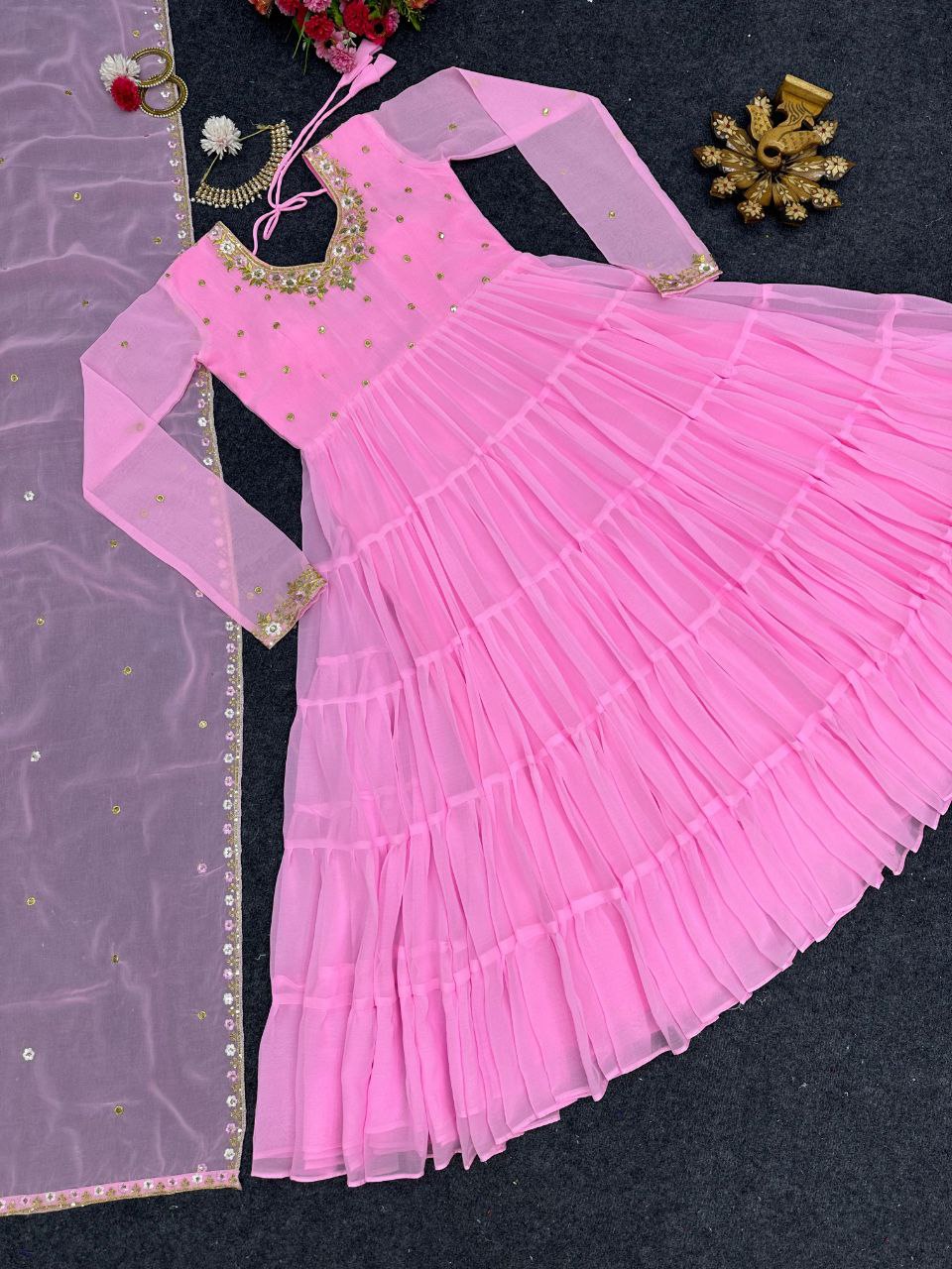 Pretty Thread Sequence Work Pink Raffle Anarkali Gown