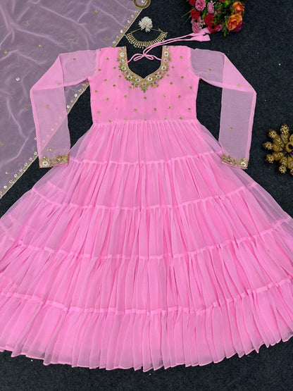 Pretty Thread Sequence Work Pink Raffle Anarkali Gown