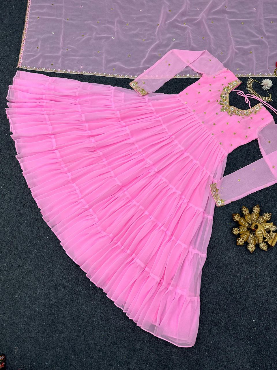Pretty Thread Sequence Work Pink Raffle Anarkali Gown