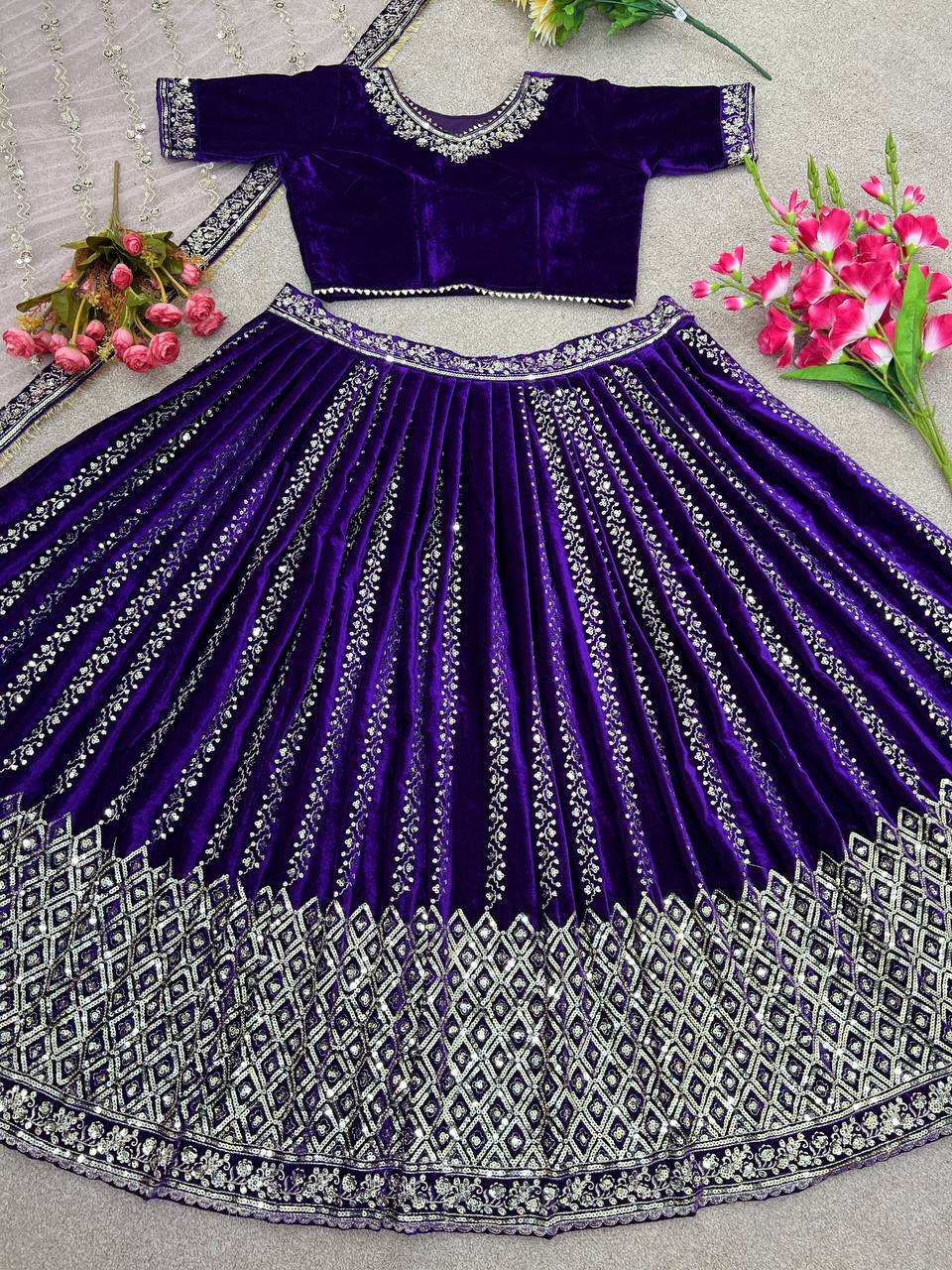 Superhit Heavy Work Velvet Purple Color Lehenga Choli