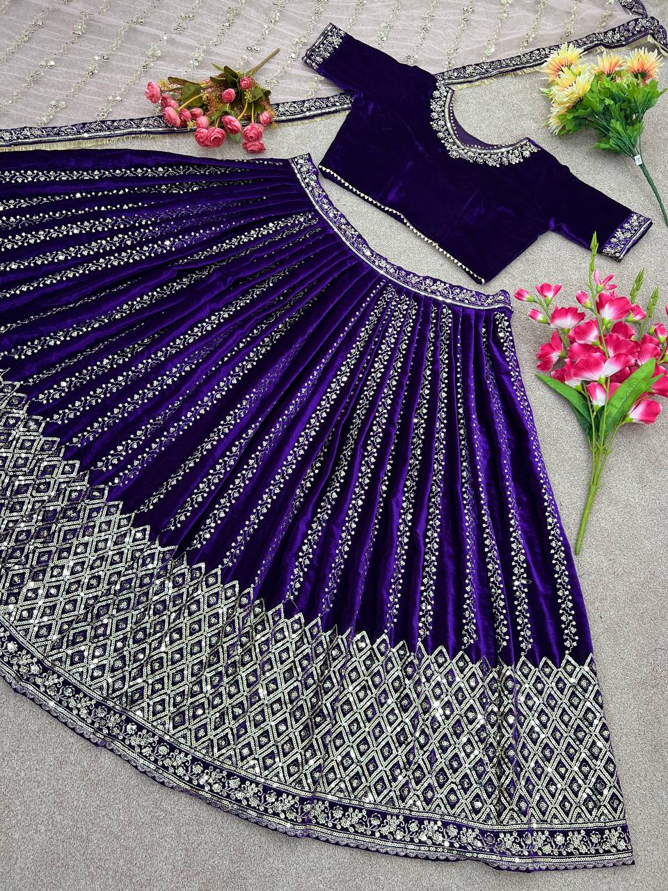 Superhit Heavy Work Velvet Purple Color Lehenga Choli
