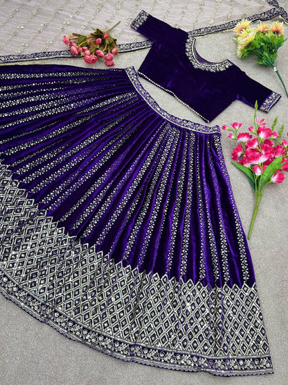 Superhit Heavy Work Velvet Purple Color Lehenga Choli