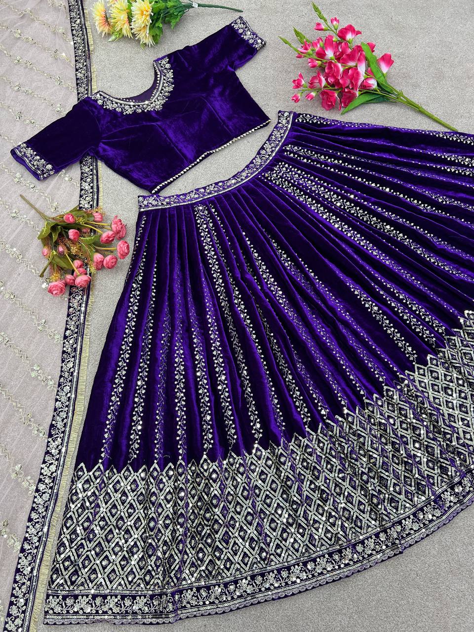 Superhit Heavy Work Velvet Purple Color Lehenga Choli