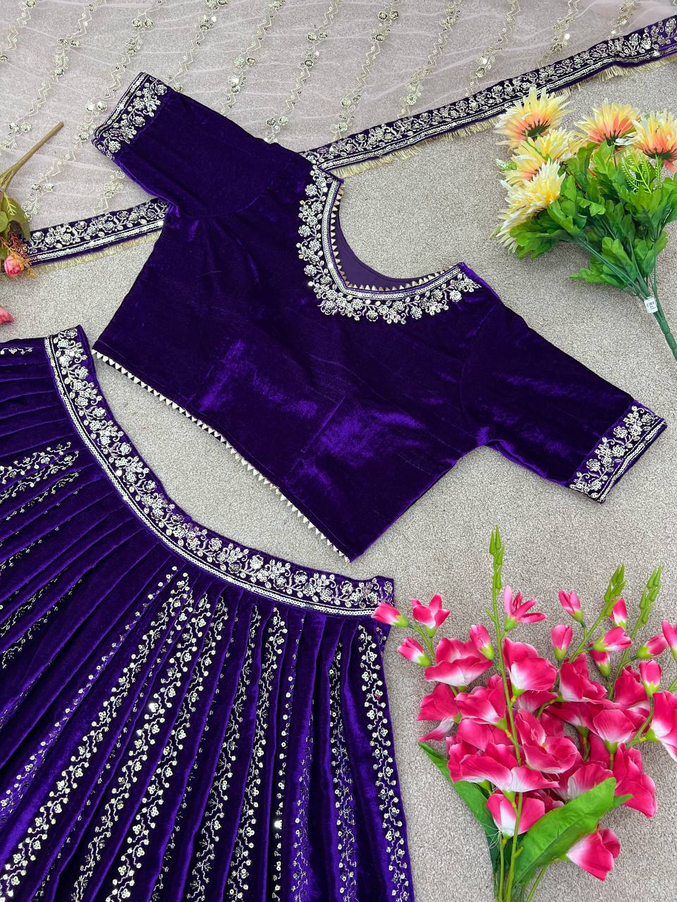 Superhit Heavy Work Velvet Purple Color Lehenga Choli