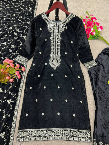 Party Wear Velvet Black Color Full Sleeve Salwar Suit
