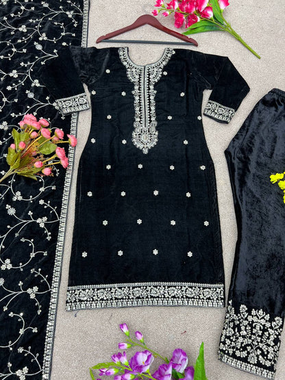 Party Wear Velvet Black Color Full Sleeve Salwar Suit