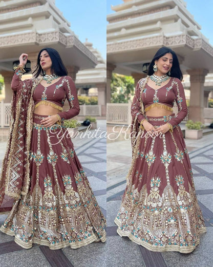 Chocolate Color Embroidery Work Lehenga Choli
