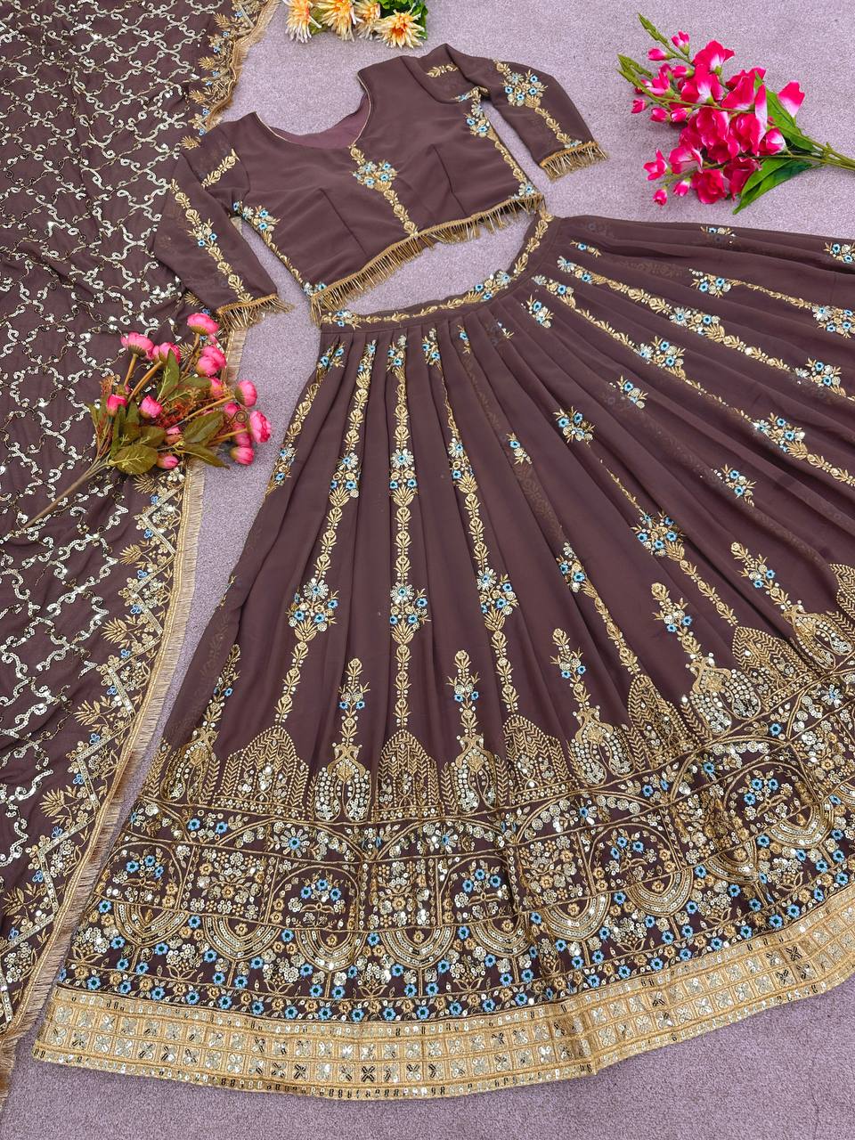 Chocolate Color Embroidery Work Lehenga Choli