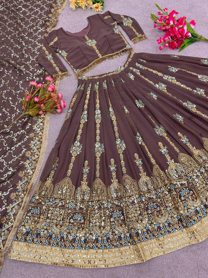 Chocolate Color Embroidery Work Lehenga Choli
