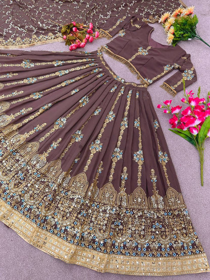 Chocolate Color Embroidery Work Lehenga Choli