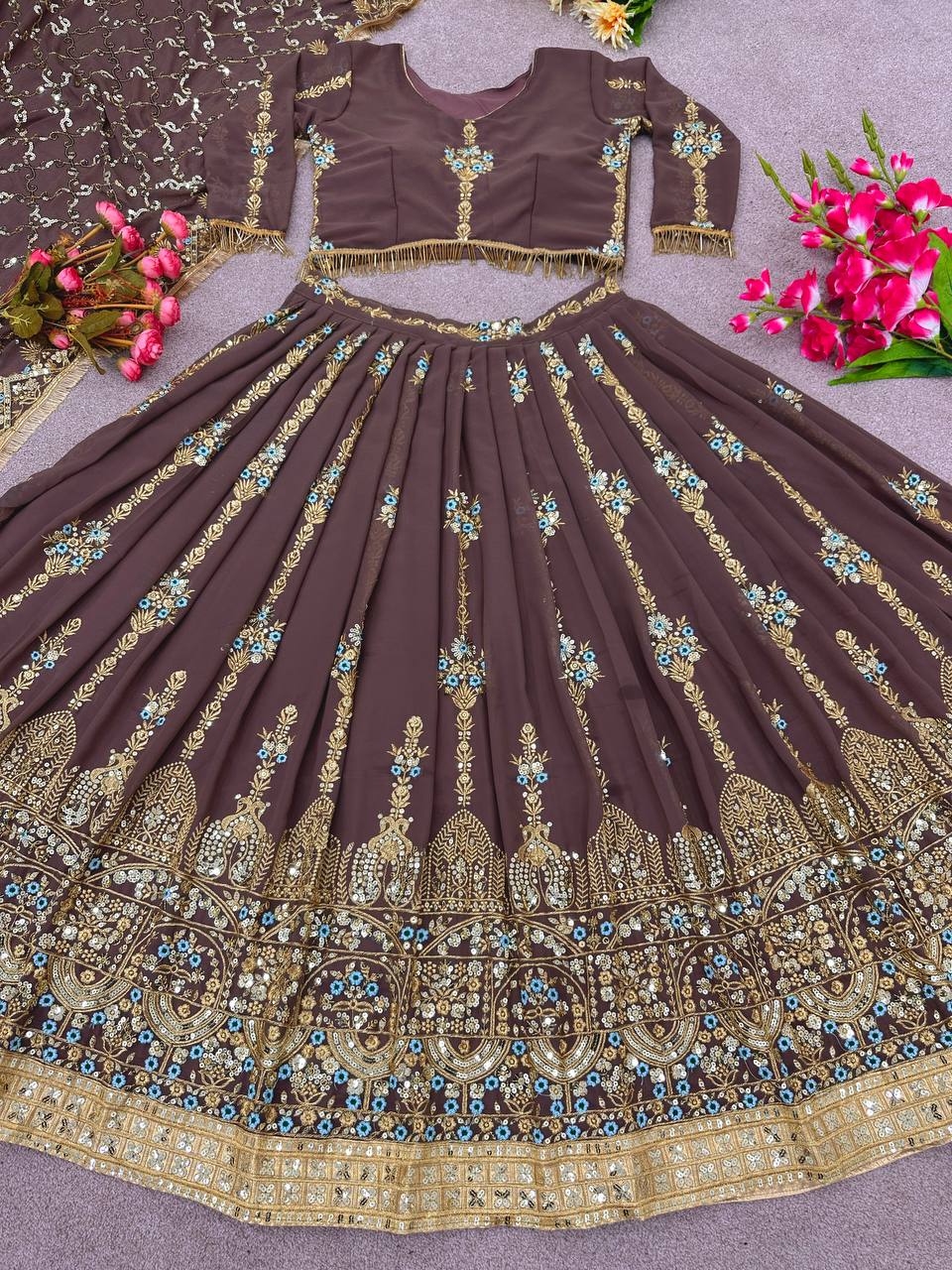 Chocolate Color Embroidery Work Lehenga Choli