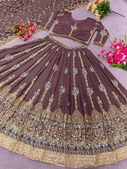 Chocolate Color Embroidery Work Lehenga Choli