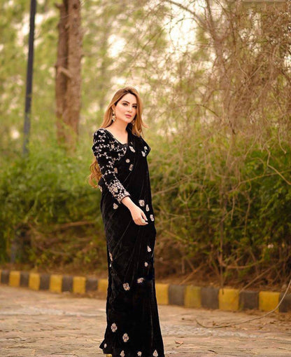 Stunning Black Color Embroidery Work Velvet Saree