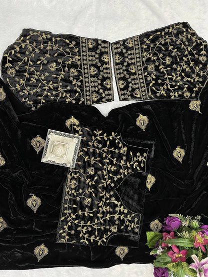 Stunning Black Color Embroidery Work Velvet Saree