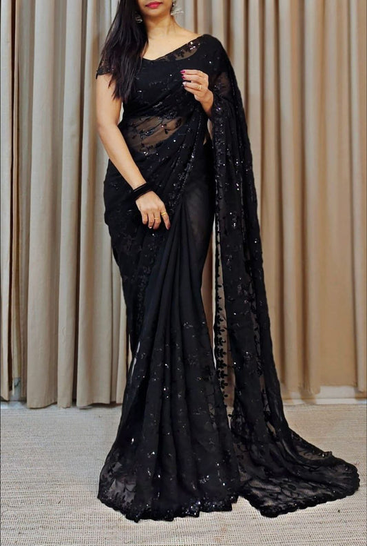 Party Wear Shimmer Silk Black Color Saree