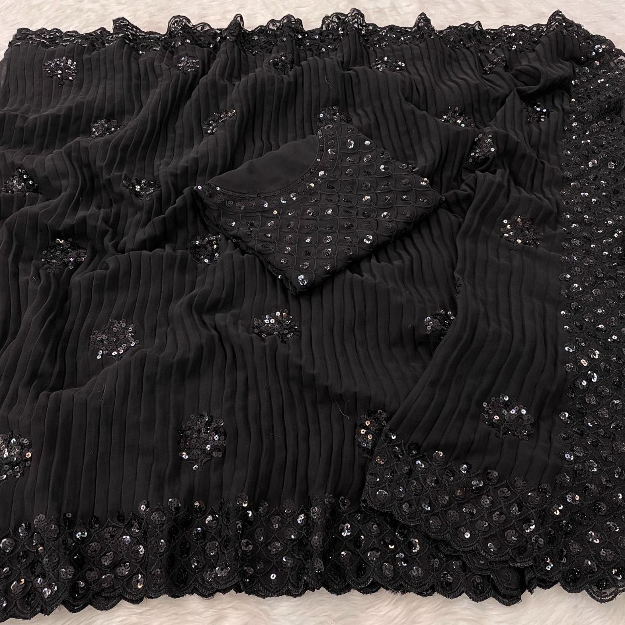 Party Wear Shimmer Silk Black Color Saree