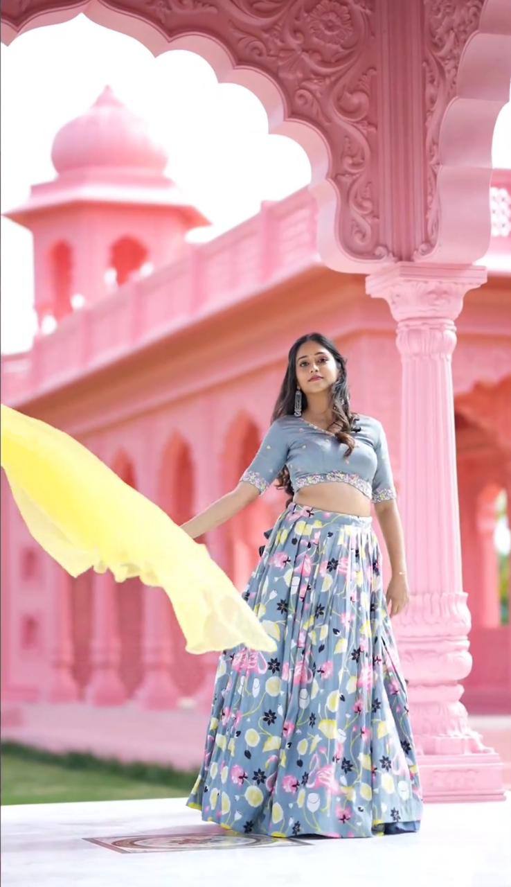 Fantastic Sky Blue Color Printed Lehenga Choli