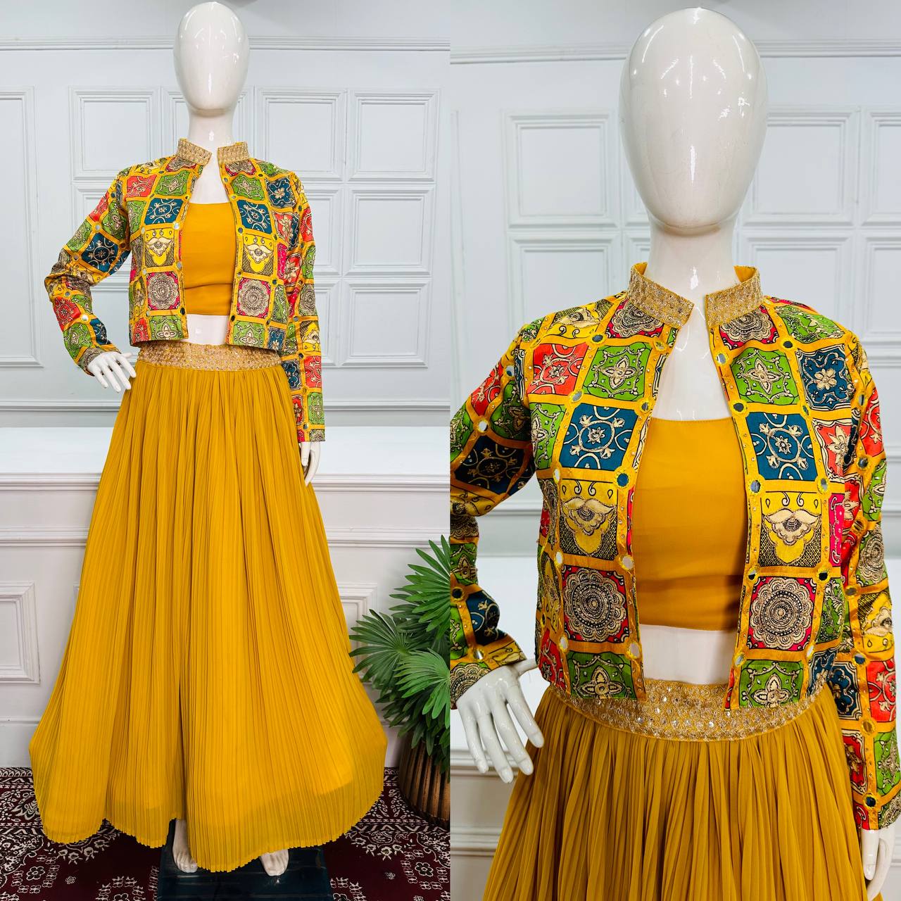 Exclusive Plated Yellow Lehenga Set With Jacket