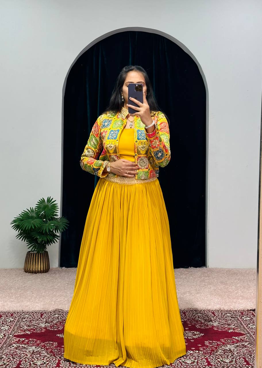 Exclusive Plated Yellow Lehenga Set With Jacket