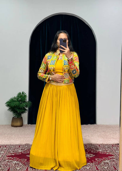 Exclusive Plated Yellow Lehenga Set With Jacket