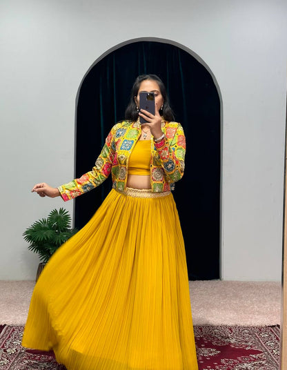 Exclusive Plated Yellow Lehenga Set With Jacket