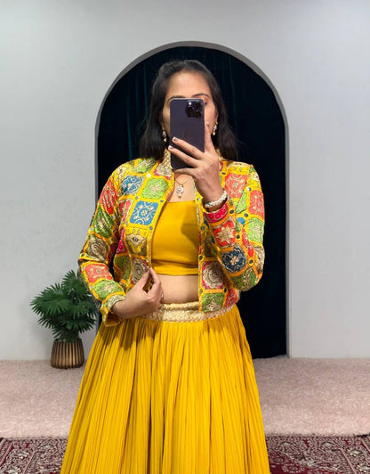 Exclusive Plated Yellow Lehenga Set With Jacket