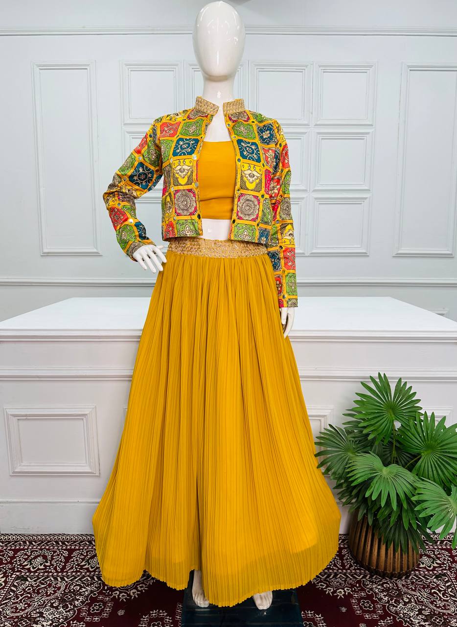Exclusive Plated Yellow Lehenga Set With Jacket