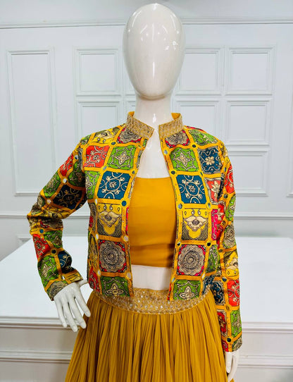 Exclusive Plated Yellow Lehenga Set With Jacket