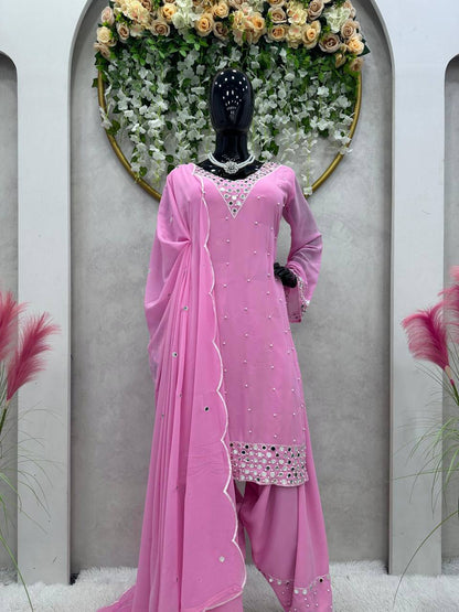 Terrific Light Pink Color Thread Moti Work Dhoti Suit