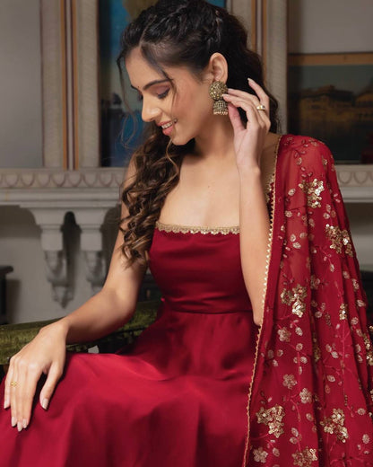 Designer Maroon Heavy Faux Georgette Anarkali Gown With Embroidery Sequence Work Dupatta