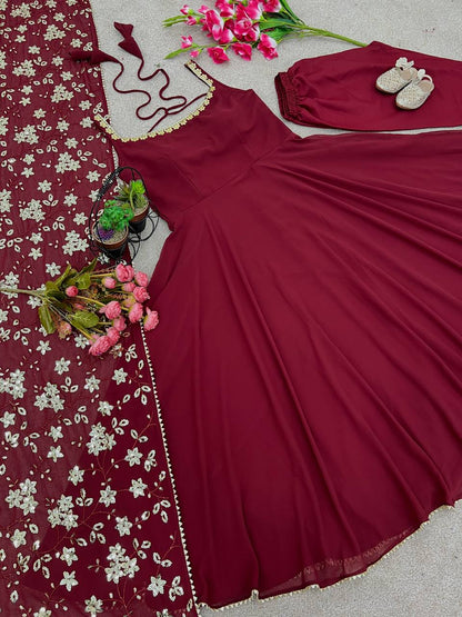 Designer Maroon Heavy Faux Georgette Anarkali Gown With Embroidery Sequence Work Dupatta
