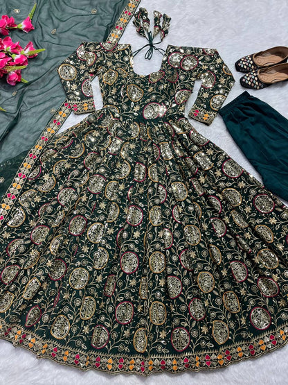 Terrific Green Color Heavy Embroidery Sequence Work Gown