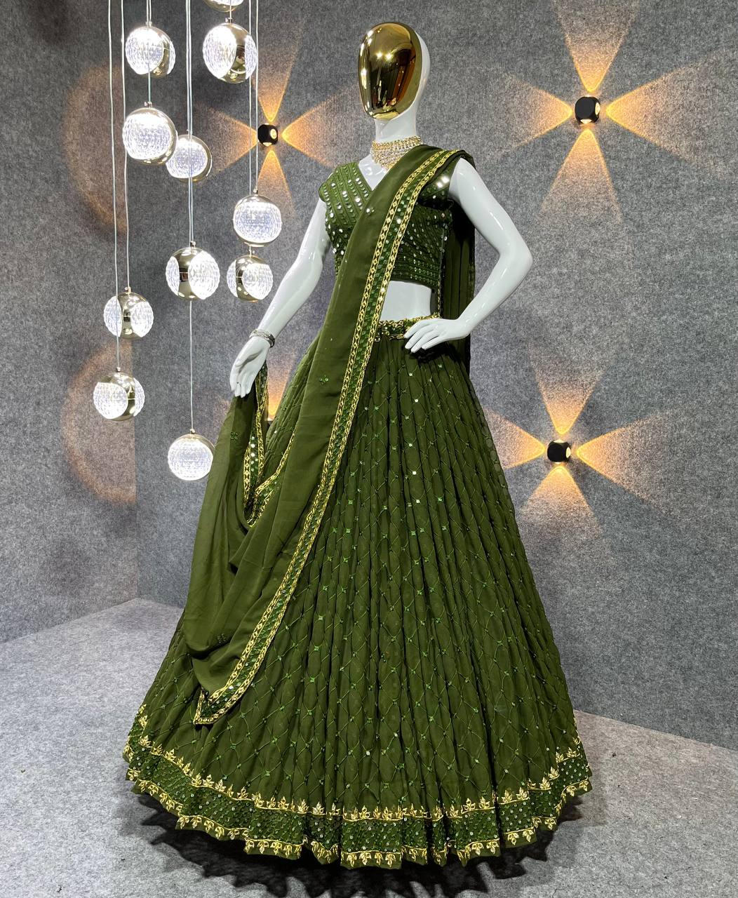 Stunning Mehendi Color Sequence Work Wedding Lehenga Choli