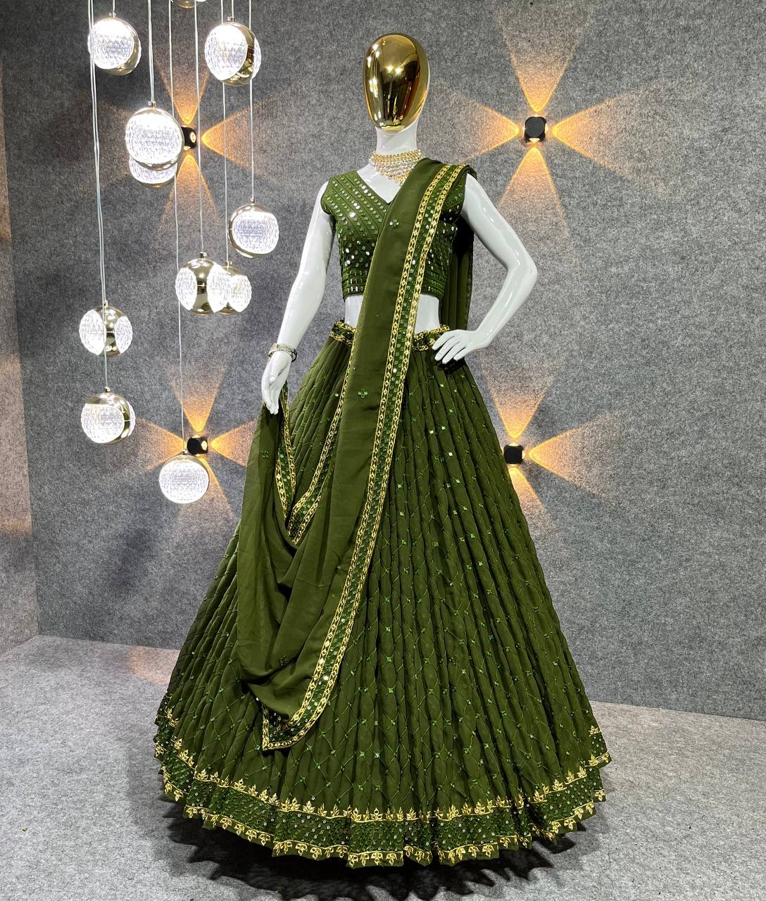 Stunning Mehendi Color Sequence Work Wedding Lehenga Choli