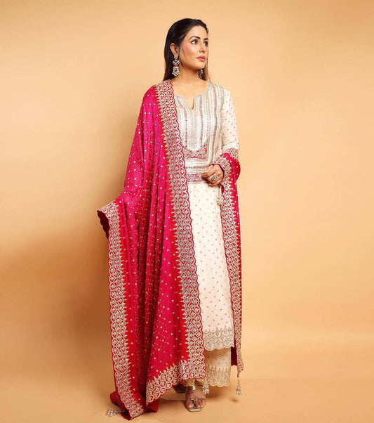 Celebrity Wear White Palazzo Suit With Pink Dupatta