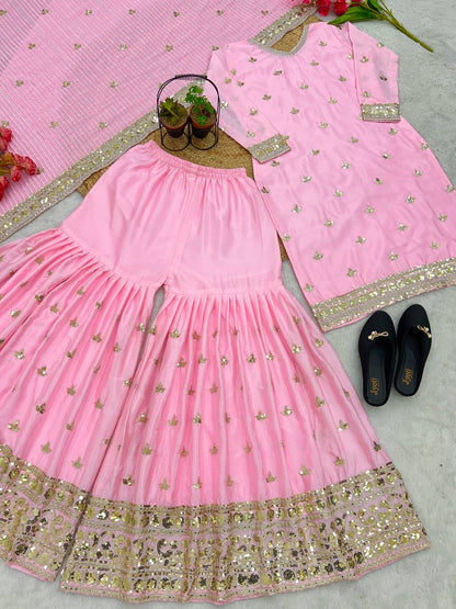 Light Pink Color Embroidery Work Exclusive Sharara Suit