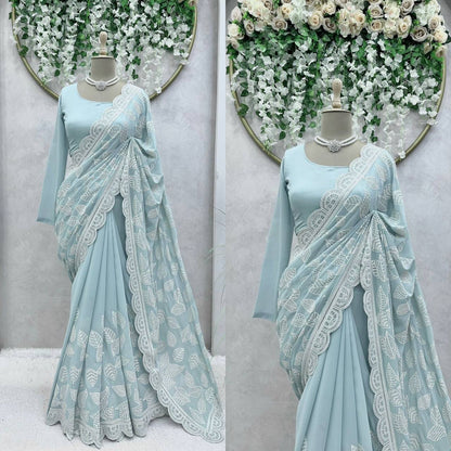 Glorious Sequence Thread Work Sky Blue Color Saree