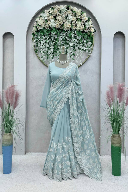 Glorious Sequence Thread Work Sky Blue Color Saree