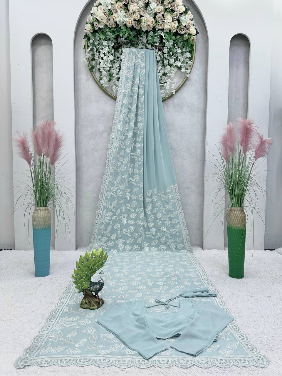Glorious Sequence Thread Work Sky Blue Color Saree