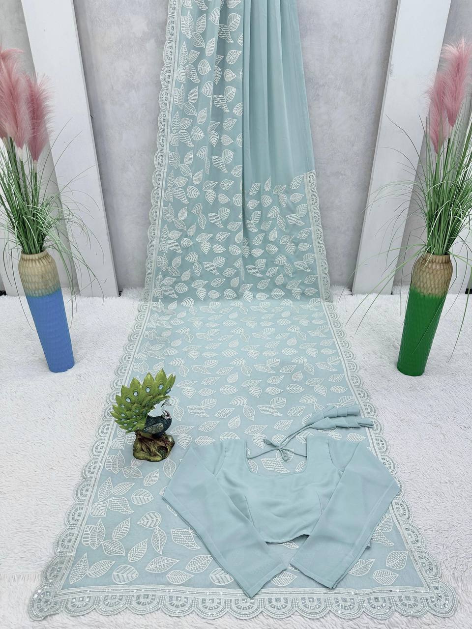 Glorious Sequence Thread Work Sky Blue Color Saree