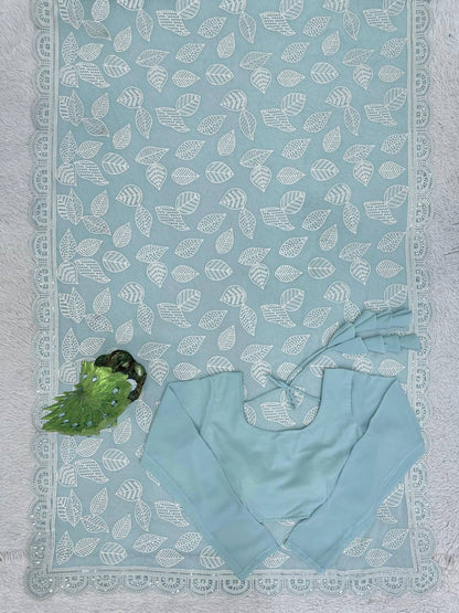Glorious Sequence Thread Work Sky Blue Color Saree